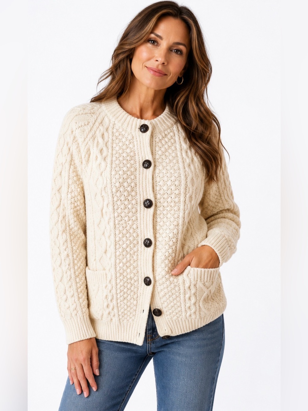Vintage Carraig Donn Irish Merino Wool Aran Cable Knit Cardigan